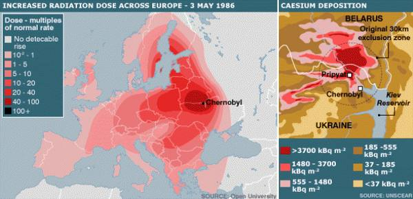 Mapa rozchodzenia się radioaktywności w 1986