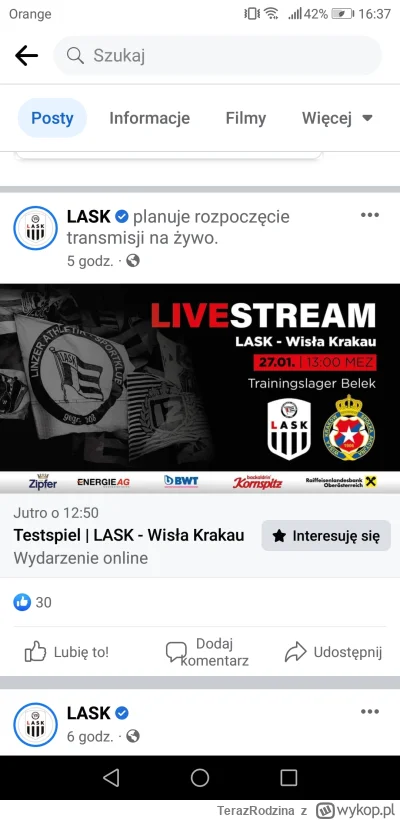 TerazRodzina - Jutro o godzinie 13:00 na Facebookowym profilu  Lask Linz odbędzie się...