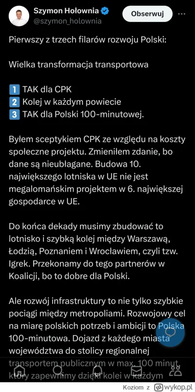 Koziom - Hołownia potwierdza swoją zmianę zdania dla CPK. Oby poszły za tym konkretne...