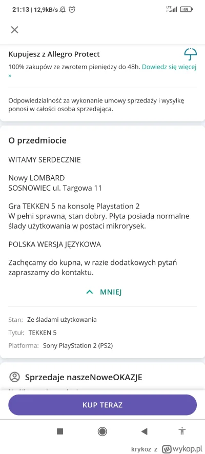 krykoz - #allegro #playstation

Tekken 5 po polsku?

Jeszcze bezczelnie napisze, że "...