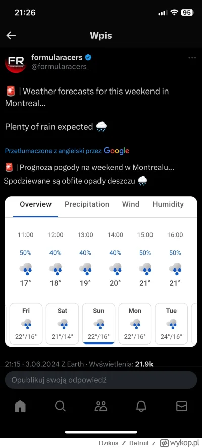 DzikusZDetroit - #f1 pogoda na GP Kanady, oby był deszcz, co by ogóry się porozbijały...