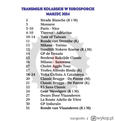 sargento - #kolarstwo #eurosport 
Rozkład jazdy na marzec, od Probosza.