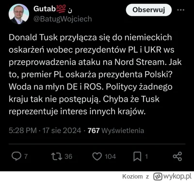 Koziom - Tusk: Ci, którzy forsowali Nord Stream 1 i 2 powinni przeprosić i siedzieć c...