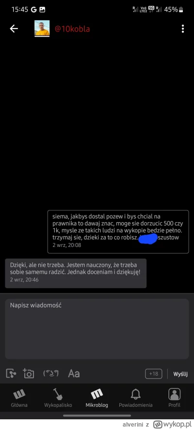 alverini - Przypomnienie, że użytkownik @10kobla to giga 
Chad. Wstawiam zapis rozmow...