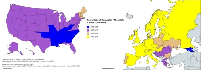 Nupharizar - Procent ludzi, którzy są "absolutnie pewni, że Bóg istnieje" w USA i Eur...