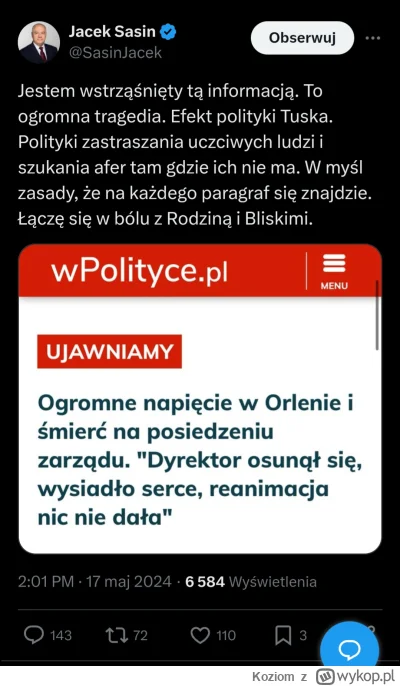 Koziom - Pamiętajcie, to Tusk szerzy nienawiść i polaryzuje Polaków. PiS się tylko br...