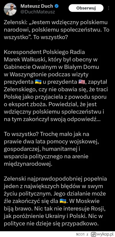 N331 - Zełenski nie odpuszcza i dalej pokazuje swój stosunek do Polski... 

#polska #...