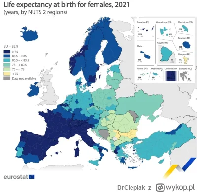 DrCieplak - Średnia długość życia k0biet w europejskich regionach, źródło Eurostat #m...