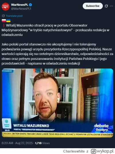 Charleswhite - Skandaliczne jest to, że zamiast bronić wolności słowa, dziennikarze w...