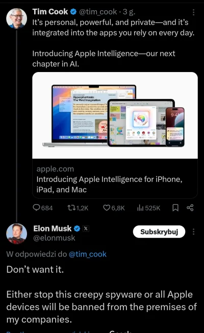 WykopowyInterlokutor - Elon Musk zapowiada, że zrezygnuje z produktów Apple  w swoich...