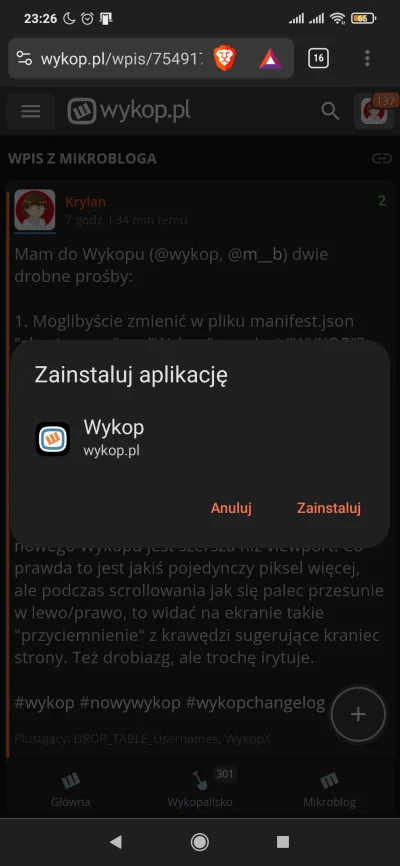 Krylan - >szacun za używanie PWA

@WykopX: Dzięki (⌐ ͡■ ͜ʖ ͡■)
Jestem zwolennikiem ko...