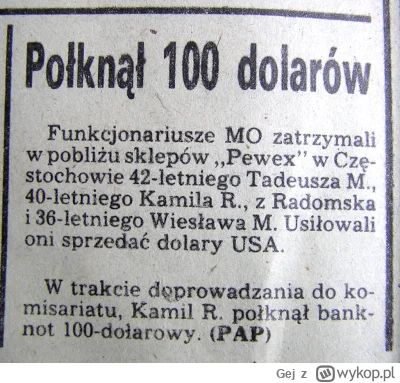 Gej - MO złapała cinkciarza, połknął 100 dolarów. Komunikat z Głosu Pomorza 3-08-1987