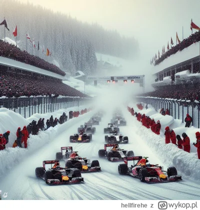 hellfirehe - Prompt: Formula1 race in heavy snow, track covered by deep snow, snow ba...
