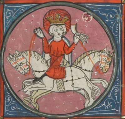 Apaturia - Średniowieczne przedstawienie Słońca jadącego jednocześnie na czterech wie...