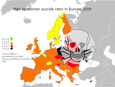 MaximusWykopusDickus - Zrobiłem grafikę z mapą stosunku samobójstw mężczyzn do kobiet...