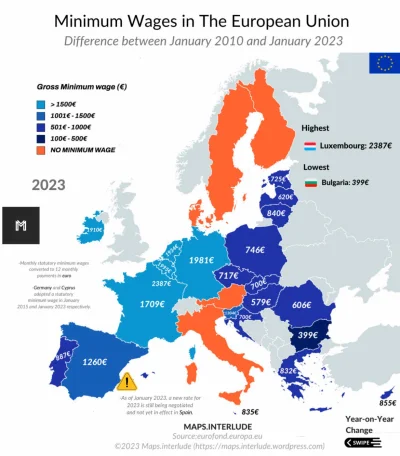 nonOfUsAreFree - Minimalna pensja w krajach Unii Europejskiej. 
#mapporn #mapy #uniae...