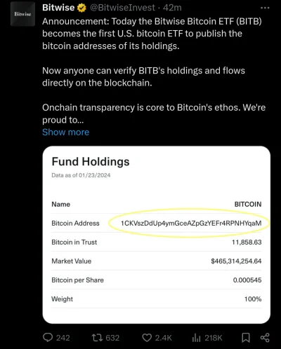 kryptoholik - Fundusz ETF Bitwise udostępnia adres BTC, na którym przechowywane są śr...