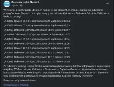 sylwke3100 - Jakby ktoś planował dziś pociągami jechać na trasie Katowice - Dąbrowa G...