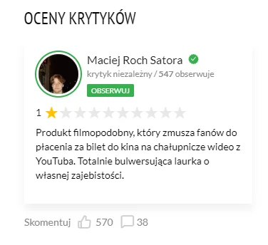 Lolenson1888 - @yahoomlody: Spodobała mi się opinia na Filmwebie napisana przez jedne...