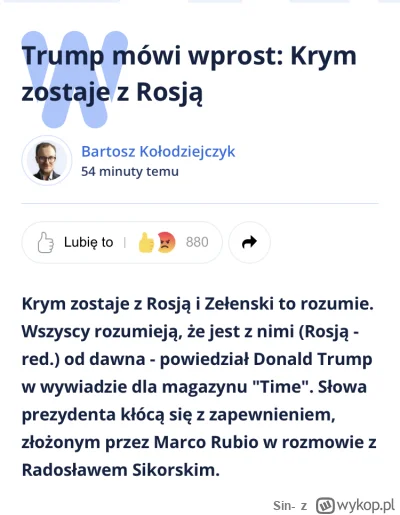 Sin- - „Polska, Litwa, Łotwa, Estonia i tam kolejne kraje zostają z Rosją i prezydenc...