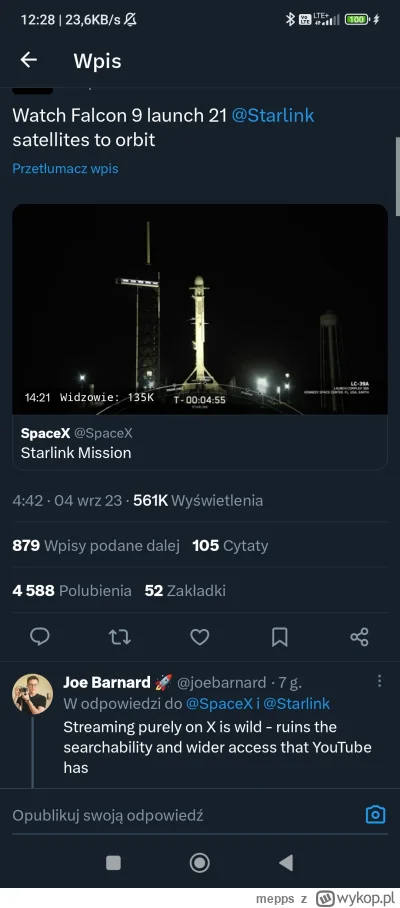 mepps - za 15 minut historyczny start kolejnej partii satelitów #starlink od #spacex....