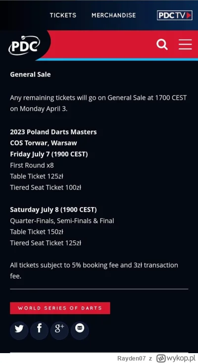 Rayden07 - Ceny biletów na Poland Darts Masters. Chyba całkiem rozsądne jak na Polskę...