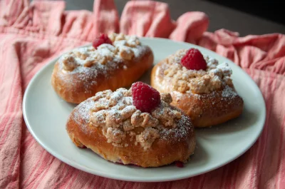 puddin - Wzięłam i upiekłam malinianki z kremem patissiere i migdałową kruszonką, pos...