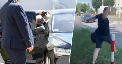 chadaffi - Typ z KODu rzuca w kolumnę aut... kierowca traci panowanie nad autem i ude...