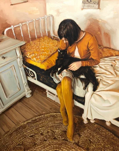 GARN - #sztuka #art #malarstwo #obrazy autor: Mary Sauer | Figure with Black Cat | Oi...