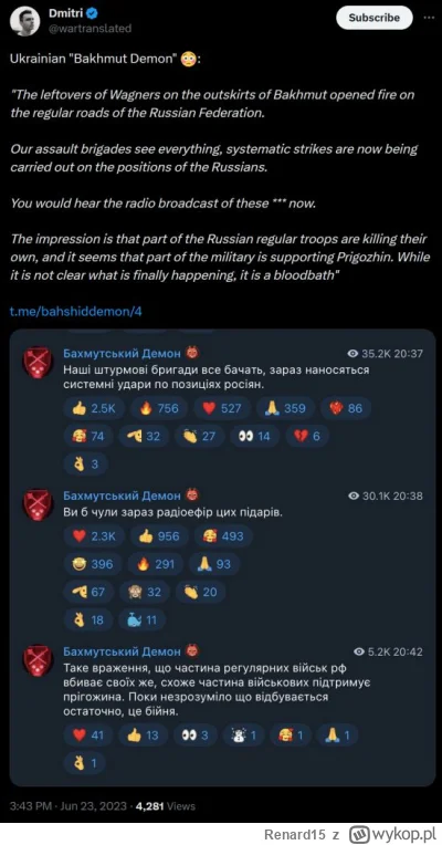 Renard15 - POTWIERDZONE DONIESIENIA O OSTRZELANIU ROSJAN PRZEZ WAGNERA

#wojna