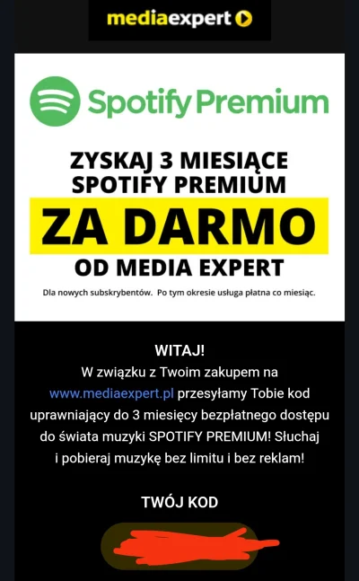 anoysath - Mam kod do Spotify premium na 3 miesiące za darmo od media expert. Dla now...