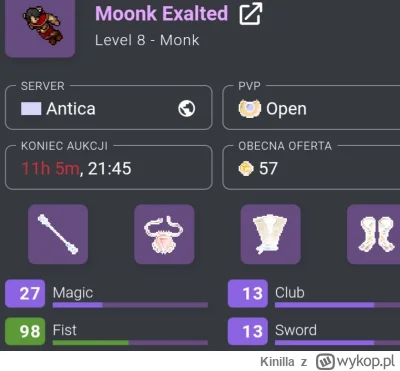Kinilla - #tibia Bazar 8 lvl Monk na sprzedaż, może komuś się przyda na double. Konie...