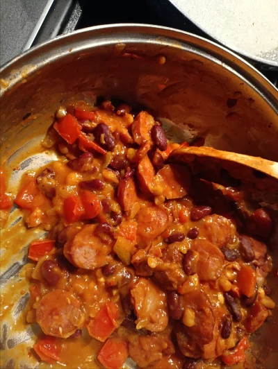 TrexTeR - chuopskie danie - zrobiłem podsmażoną kiełbasę śląska z papryką, cebulą, fa...