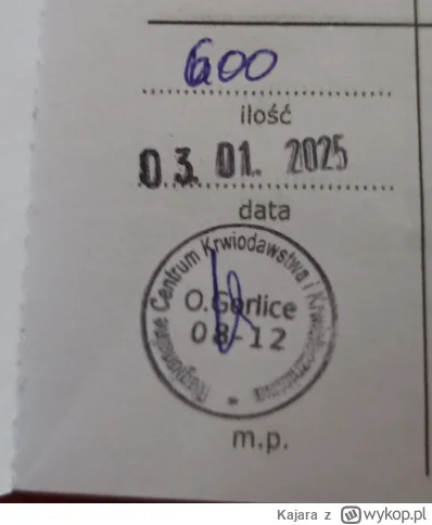 Kajara - 258 800 - 200 = 258 600
Data donacji - 03.01.2025
Rodzaj donacji - osocze
Mi...