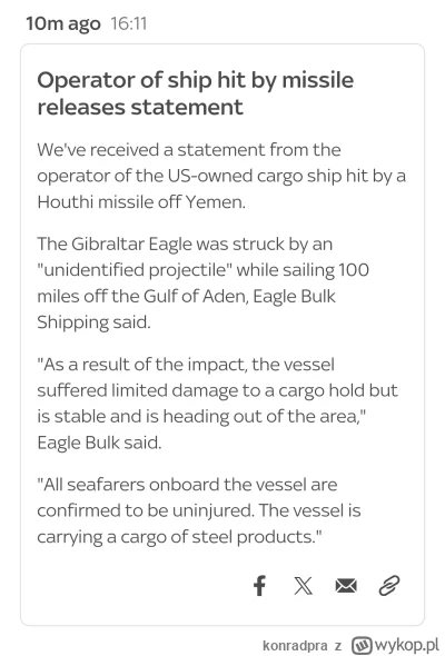 konradpra - #Jemen #usa #wojna #Houthi  #bliskiwschod 

Houthi trafili pociskiem stat...
