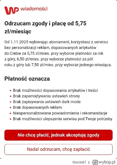thorin87 - No nie wierzę, wp.pl każe sobie zapłacić za brak śledzenia przez cookies. ...