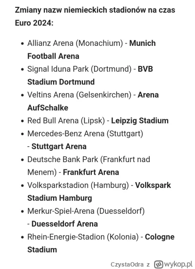 CzystaOdra - UEFA wymusiła na niemieckich drużynach, zmiany nazw stadionów na czas Eu...