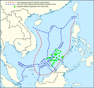 Nusantara - Czerwone kreski wyznaczają obszar co do którego Chińczycy roszczą sobie p...