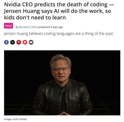 Niesondzem - Ceo NVIDIA powiedział jasno. Coding is dead. 
Im szybciej się przebranżo...