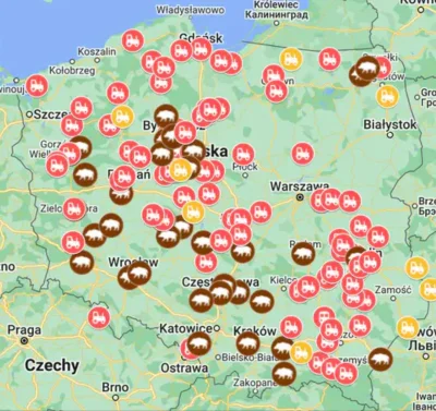 pejotlsd - Mapa z oznaczeniem gdzie protestują rolnicy, a gdzie również myśliwi xd