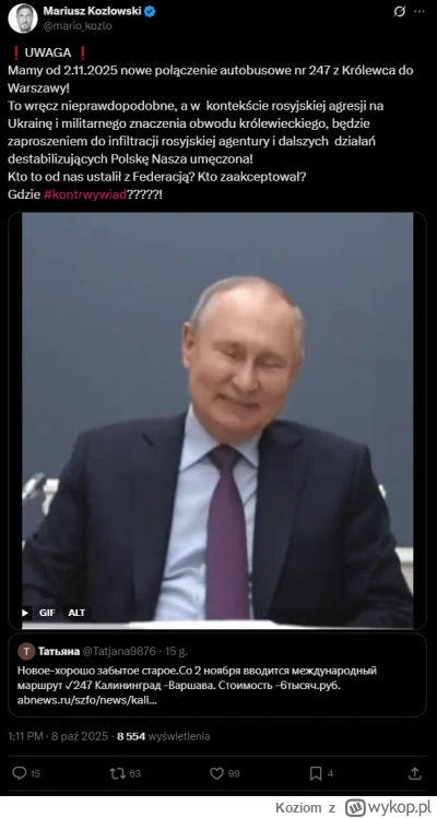 Koziom - Taki wpis podał dalej szef BBN Cenckiewicz, a jedyne źródło to ruski szmatła...