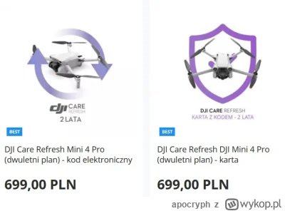 apocryph - Wie ktoś gdzie można kupić taniej 2 letni dji care refresh dla mini 4 pro?...