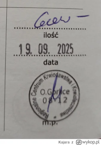 Kajara - 72 651 - 200 = 72 451
Data donacji - 19.09.2025
Rodzaj donacji - osocze
Miej...