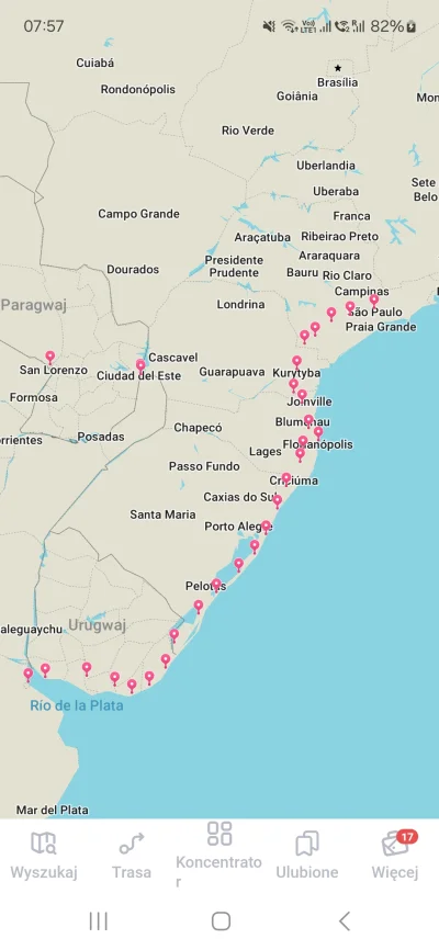 zbyl2 - Mapka z trasy buenos aires - sao paulo, różowe kropki to miejsca w których sp...