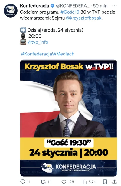 Gours - Bosak będzie gościem głównego wydania wiadomości w TVP1, gdzie oczywiście będ...