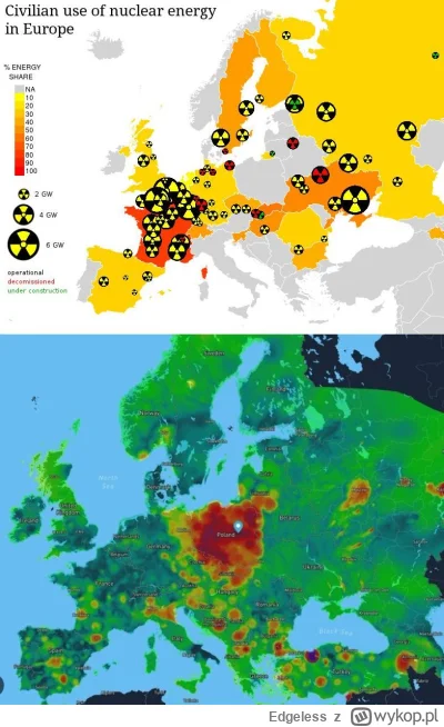Edgeless - Mapa zanieczyszczenia powietrza vs. Mapa reaktorów w Europie