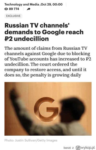 banzi - Kwota roszczeń rosyjskich kanałów telewizyjnych wobec Google z powodu blokowa...