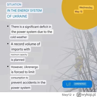 Stay12 - Zaczynają się braki z prądem 
W godzinach 18:00–23:00 na Ukrainie możliwe są...
