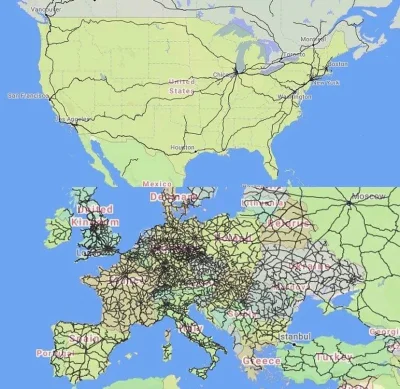 S.....a - Gęstość sieci kolejowej w Europie i USA

#kolej #pkp #ue #usa #pociag
