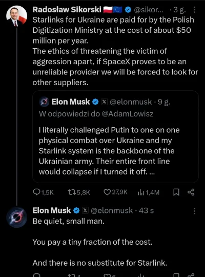 niepisowski - Musk atakuje Sikorskiego: Bądź cicho mały człowieku. Płacisz niewielką ...